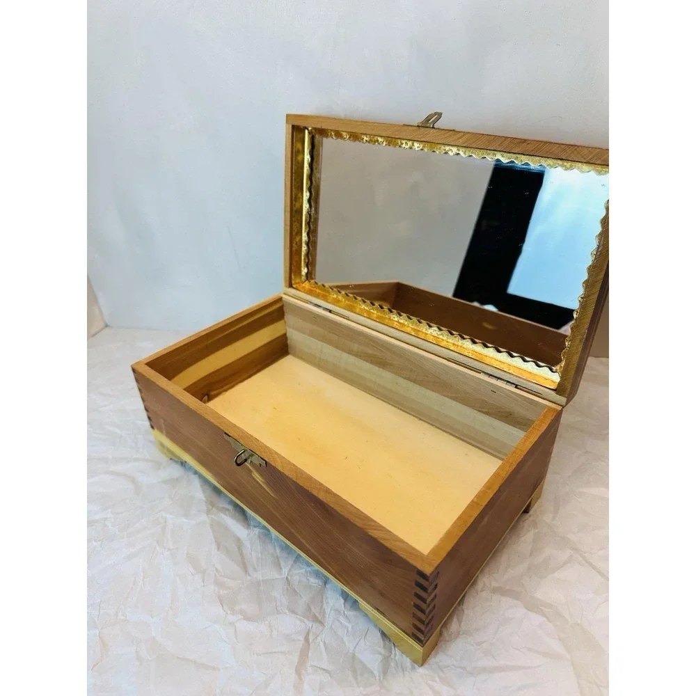 Vintage Cedar Jewelry box with carved and fall decopage lid, mirror inside